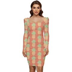 Pineapple Orange Pastel Women Long Sleeve Ruched Stretch Jersey Dress by ConteMonfrey