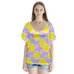 Purple Lemons  V-neck Flutter Sleeve Top