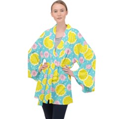 Blue Neon Lemons Long Sleeve Velvet Kimono  by ConteMonfrey