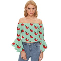 Small Mini Peppers Blue Off Shoulder Flutter Bell Sleeve Top by ConteMonfrey