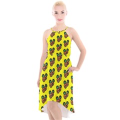 Yellow Background Pineapples High-low Halter Chiffon Dress 