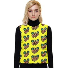 Yellow Background Pineapples Women s Short Button Up Puffer Vest