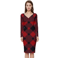 Red Diagonal Plaid Big Long Sleeve V-neck Bodycon Dress  by ConteMonfrey