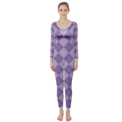 Diagonal Comfort Purple Plaids Long Sleeve Catsuit