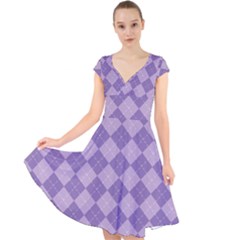 Diagonal Comfort Purple Plaids Cap Sleeve Front Wrap Midi Dress