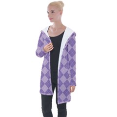 Diagonal Comfort Purple Plaids Longline Hooded Cardigan