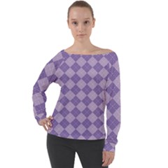 Diagonal Comfort Purple Plaids Off Shoulder Long Sleeve Velour Top by ConteMonfrey
