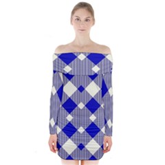 Blue Diagonal Plaids  Long Sleeve Off Shoulder Dress by ConteMonfrey