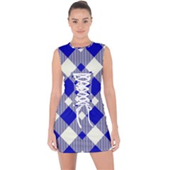 Blue Diagonal Plaids  Lace Up Front Bodycon Dress by ConteMonfrey