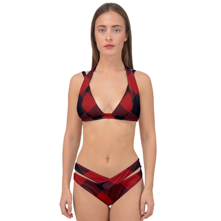 Black and dark red plaids Double Strap Halter Bikini Set