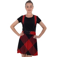 Black And Dark Red Plaids Velvet Suspender Skater Skirt by ConteMonfrey