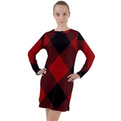 Black And Dark Red Plaids Long Sleeve Hoodie Dress by ConteMonfrey