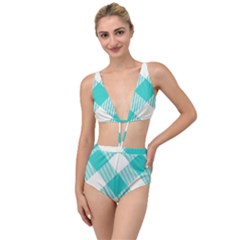 Blue Turquoise Diagonal Plaids Tied Up Two Piece Swimsuit by ConteMonfrey