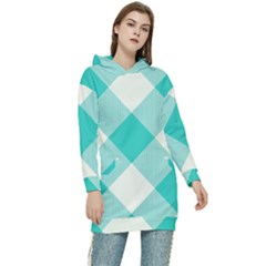 Blue Turquoise Diagonal Plaids Women s Long Oversized Pullover Hoodie by ConteMonfrey