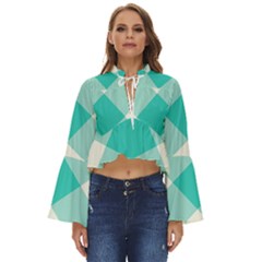 Blue Turquoise Diagonal Plaids Boho Long Bell Sleeve Top by ConteMonfrey