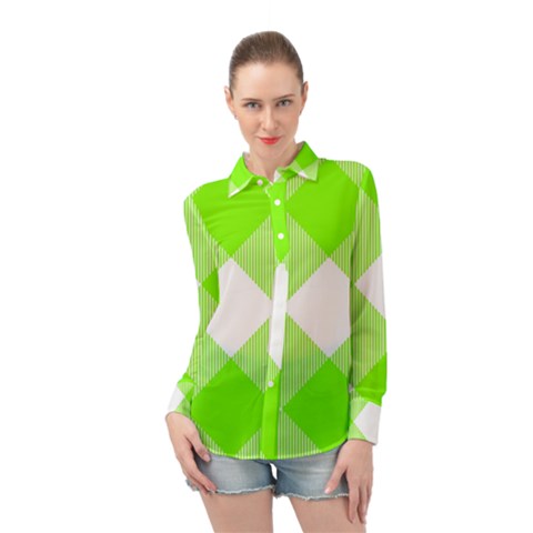 Neon Green And White Plaids Long Sleeve Chiffon Shirt by ConteMonfrey