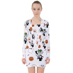 Halloween Jack O Lantern Vector V-neck Bodycon Long Sleeve Dress by Ravend