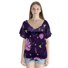 Monstera Leaves Plant Tropical Nature V-neck Flutter Sleeve Top