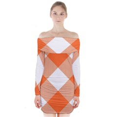 Orange And White Diagonal Plaids Long Sleeve Off Shoulder Dress by ConteMonfrey