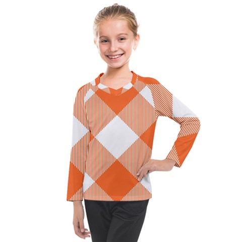 Orange And White Diagonal Plaids Kids  Long Mesh Tee by ConteMonfrey