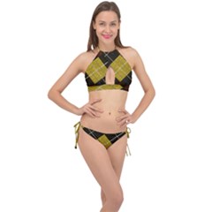 Modern Yellow golden Plaid Cross Front Halter Bikini Set