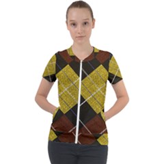 Modern Yellow golden Plaid Short Sleeve Zip Up Jacket