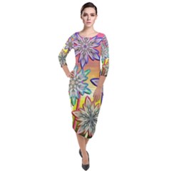 Flower Nature Garden Bloom Flora Quarter Sleeve Midi Velour Bodycon Dress