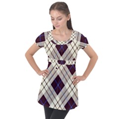 Blue, Purple And White Diagonal Plaids Puff Sleeve Tunic Top by ConteMonfrey