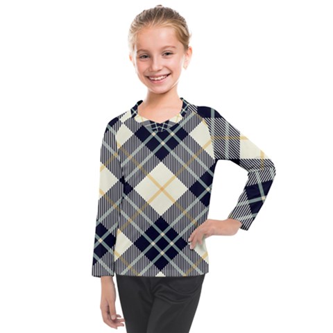 Black, Yellow And White Diagonal Plaids Kids  Long Mesh Tee by ConteMonfrey