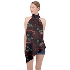 Geometric Pattern Recycle Bin Halter Asymmetric Satin Top