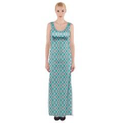 Diagonal Turquoise Plaids Thigh Split Maxi Dress