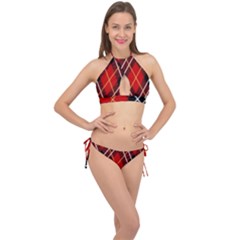 Black, Red, White Diagonal Plaids Cross Front Halter Bikini Set by ConteMonfrey