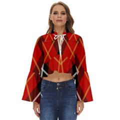 Black, Red, White Diagonal Plaids Boho Long Bell Sleeve Top by ConteMonfrey