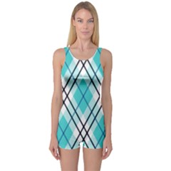 Ice Blue Diagonal Plaids One Piece Boyleg Swimsuit by ConteMonfrey