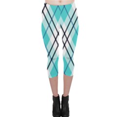 Ice Blue Diagonal Plaids Capri Leggings  by ConteMonfrey