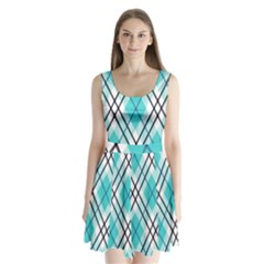 Ice blue diagonal plaids Split Back Mini Dress 