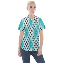 Ice blue diagonal plaids Women s Short Sleeve Pocket Shirt