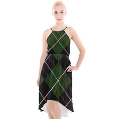 Modern Green Plaid High-low Halter Chiffon Dress 