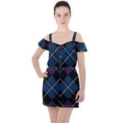 Modern Blue Plaid Ruffle Cut Out Chiffon Playsuit by ConteMonfrey