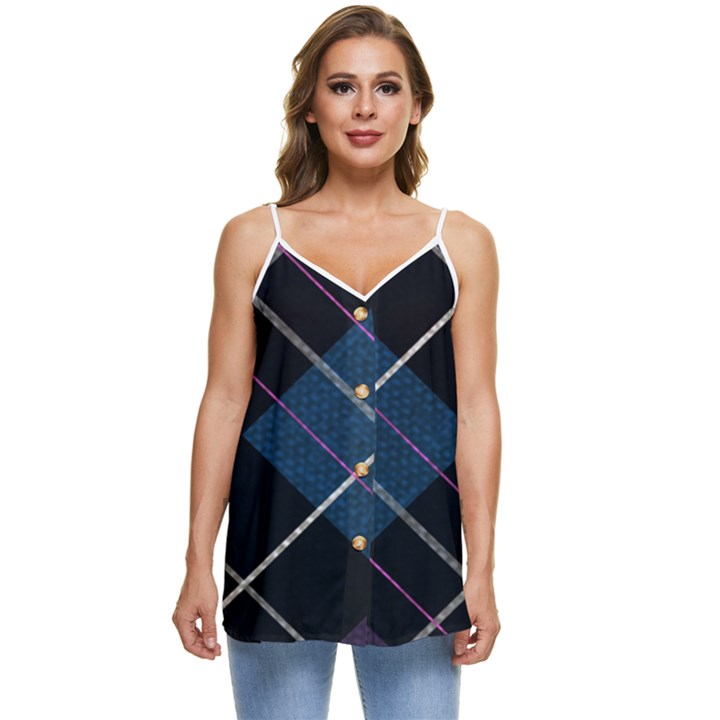 Modern Blue Plaid Casual Spaghetti Strap Chiffon Top