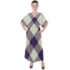 Dark Blue And White Diagonal Plaids V-neck Boho Style Maxi Dress