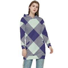 Dark Blue And White Diagonal Plaids Women s Long Oversized Pullover Hoodie by ConteMonfrey