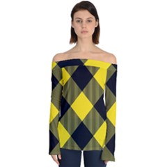 Dark Yellow Diagonal Plaids Off Shoulder Long Sleeve Top