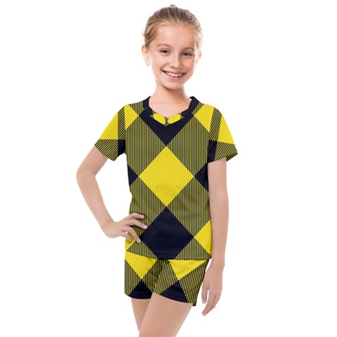 Dark Yellow Diagonal Plaids Kids  Mesh Tee And Shorts Set by ConteMonfrey