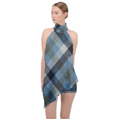 Black And Blue Iced Plaids  Halter Asymmetric Satin Top by ConteMonfrey