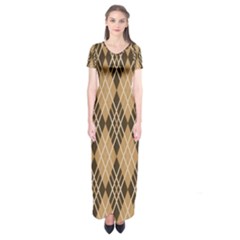 Coffee Diagonal Plaids Short Sleeve Maxi Dress by ConteMonfrey