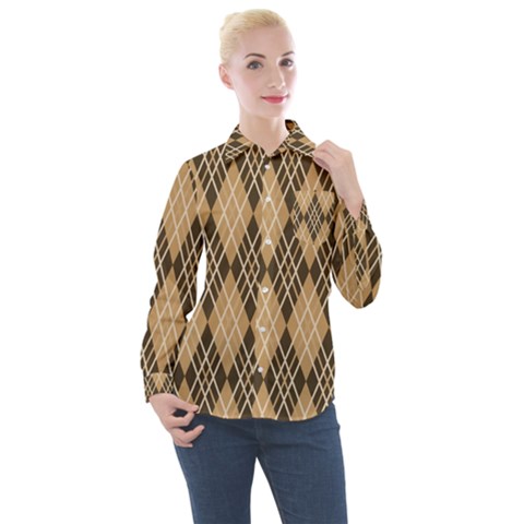 Coffee Diagonal Plaids Women s Long Sleeve Pocket Shirt by ConteMonfrey
