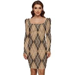 Coffee Diagonal Plaids Women Long Sleeve Ruched Stretch Jersey Dress by ConteMonfrey