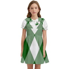 Green And White Diagonal Plaids Kids  Bow Tie Puff Sleeve Dress by ConteMonfrey