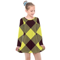 Black And Yellow Plaids Diagonal Kids  Long Sleeve Dress by ConteMonfrey